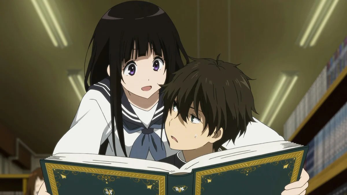 Hyouka anime featuring shy, analytical boy and curious energetic girl romance