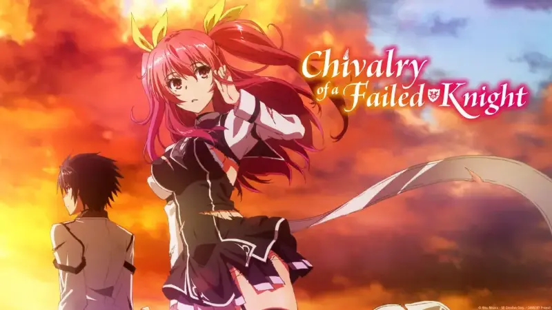 Stella Vermillion and Ikki Kurogane stand heroically against a vibrant orange sunset sky in the action romance anime Chivalry of a Failed Knight.