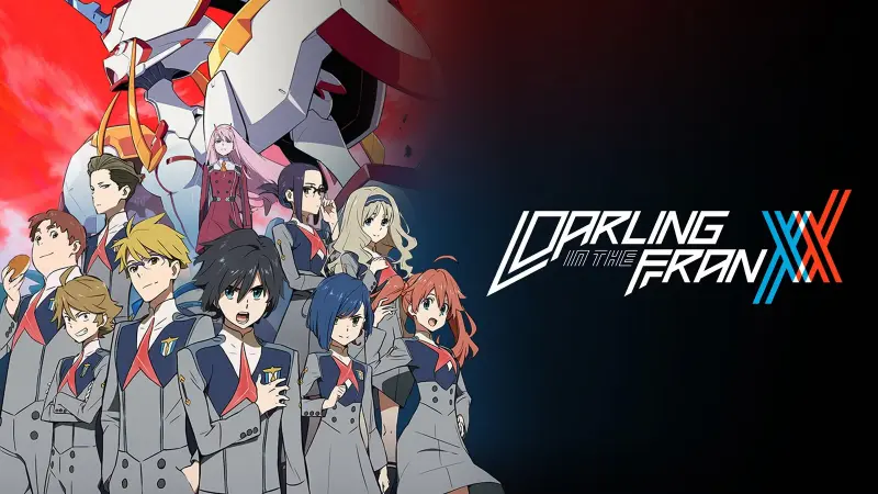 Zero Two, Hiro, and the rest of Squad 13 pose in their grey parasite uniforms in front of a giant white Franxx mecha.