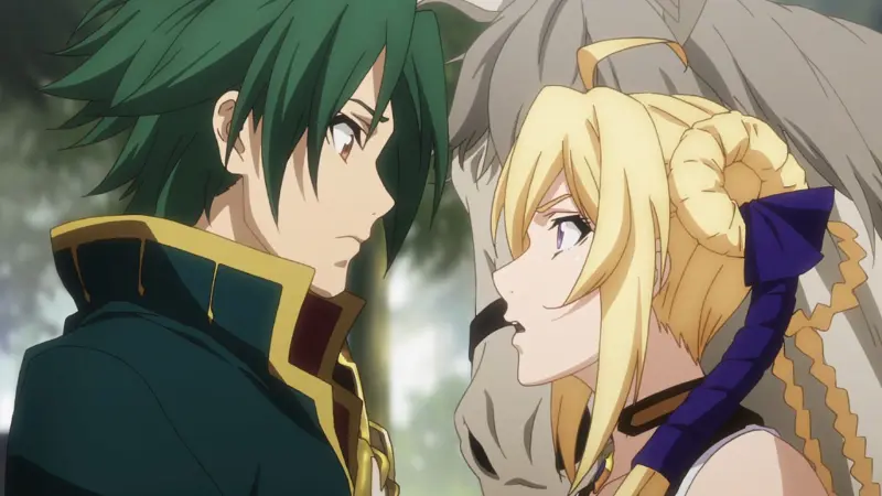 Theo Cornaro and Siluca Meletes share a close, intense look while standing outdoors in the fantasy action anime Record of Grancrest War.