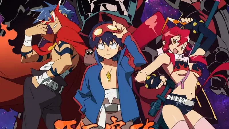Kamina, Simon, and Yoko Littner strike a confident, dynamic pose together in front of their massive red mecha.