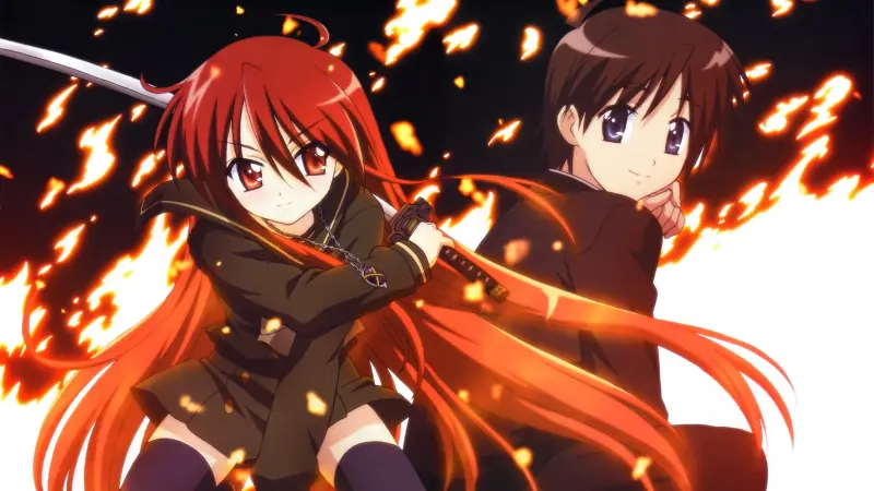 The Flame Haze Shana wields her katana with glowing red hair alongside Yuji Sakai surrounded by intense bright fire.