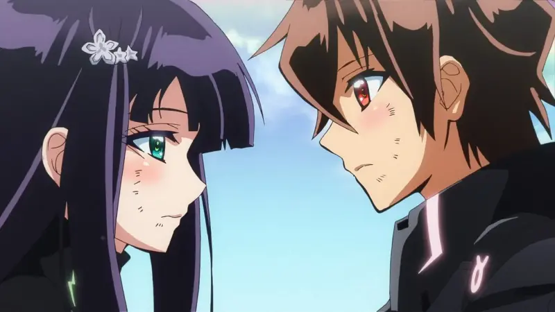Rokuro Enmado and Benio Adashino look at each other with blushing cheeks in their black exorcist uniforms.