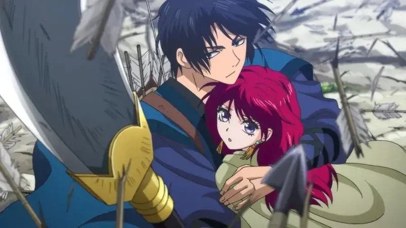 Hak protectively shields Princess Yona in his arms while surrounded by fallen arrows on a chaotic battlefield.