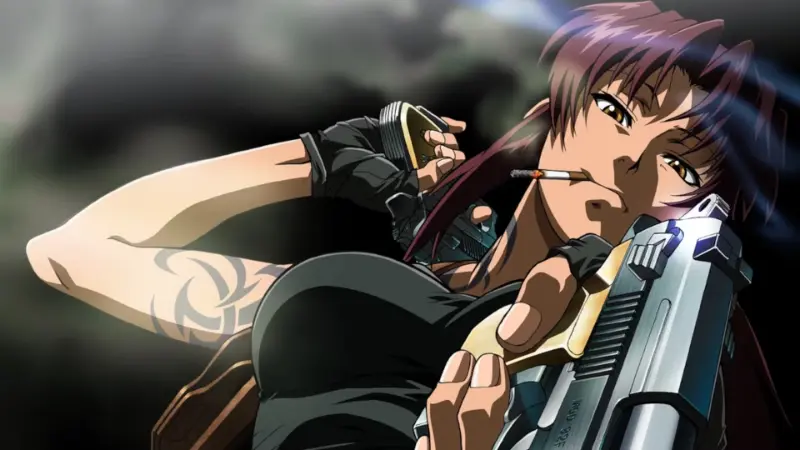 Black Lagoon protagonist Revy smoking a cigarette and aiming her sidearm, a definitive entry for the best anime with guns.