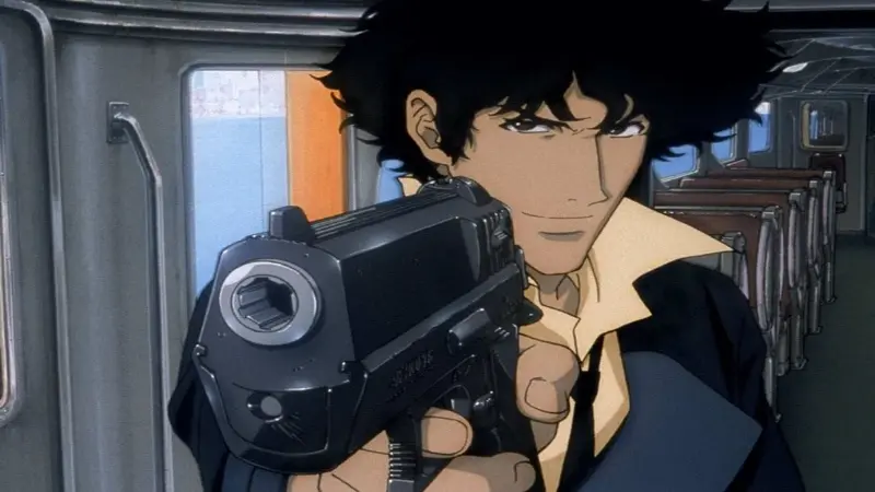 Cowboy Bebop protagonist Spike Spiegel aiming his sidearm inside a train car.