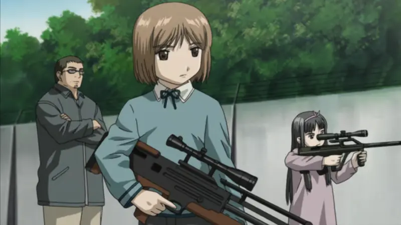 Gunslinger Girl characters Henrietta and Rico holding tactical equipment outdoors, a staple in the best anime with guns.