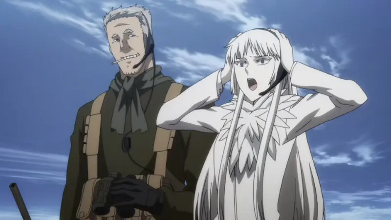 Jormungand characters Koko Hekmatyar covering her ears next to Lehm holding binoculars.