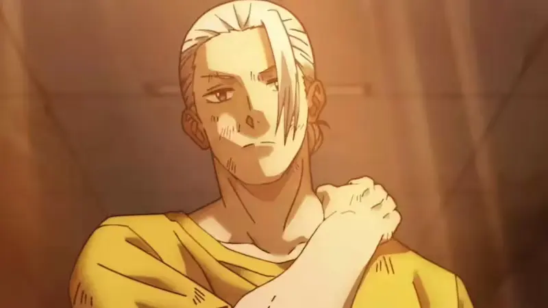 Sakamoto Days features Taro Sakamoto stretching his neck in a yellow shirt.