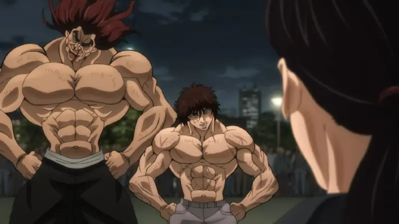 Baki Hanma and his fiercely muscular father Yujiro Hanma stand off against an opponent at night in the anime Baki.