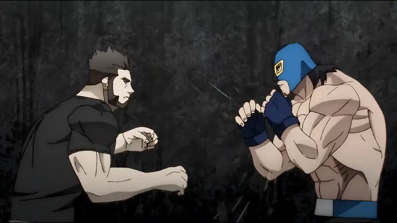 Juzo Fujimaki faces off against a blue-masked wrestler in a gritty underground martial arts match in Garouden: The Way of the Lone Wolf.