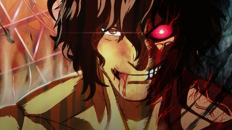 Ohma Tokita smiles with a bloody face and a glowing red eye during a brutal underground fight in Kengan Ashura.