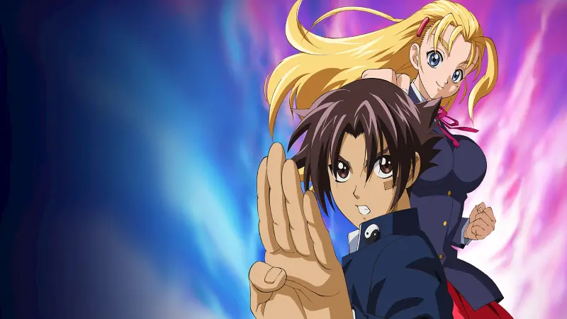 Kenichi Shirahama strikes a focused martial arts pose alongside Miu Furinji against a colorful aura in Kenichi: The Mightiest Disciple.