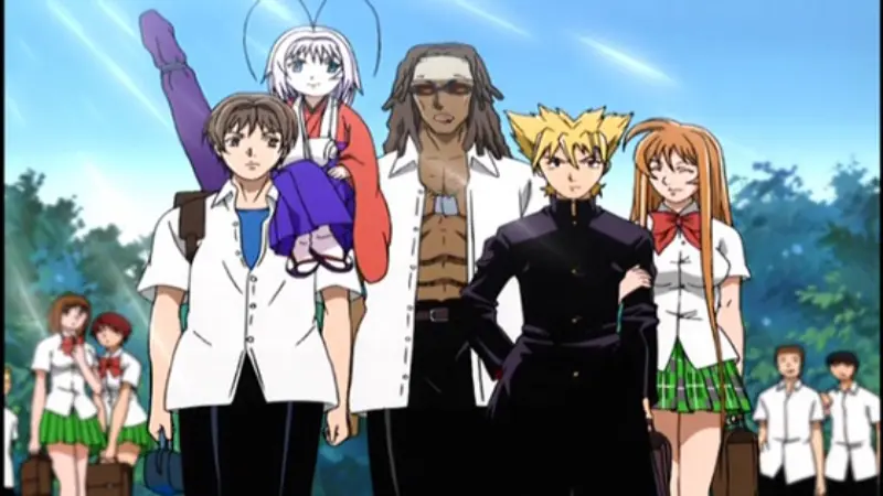 Souichiro Nagi, Bob Makihara, Maya Natsume, and the rest of the Juken Club walk together outdoors in Tenjho Tenge.