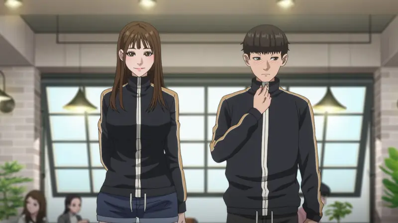 Hobin Yoo nervously zips up his black track jacket while standing next to a smiling Bomi Choi in Viral Hit.