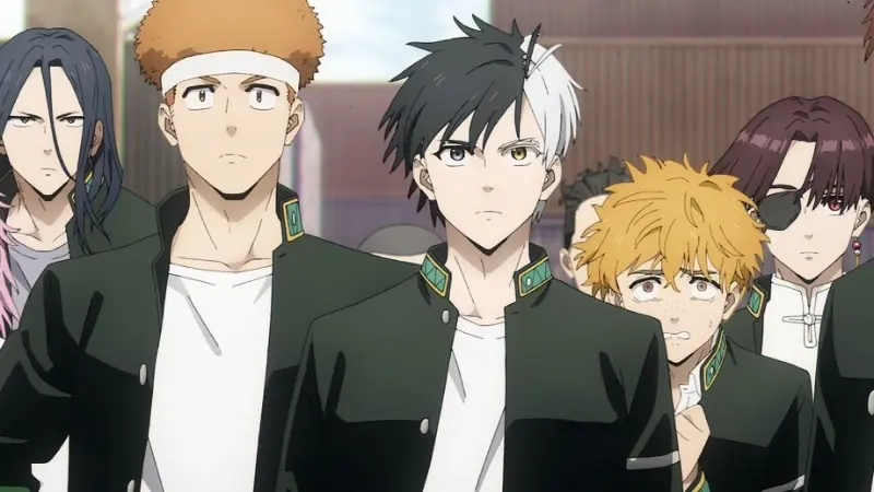Haruka Sakura stands confidently with his Bofurin gang members wearing their green high school uniforms in Wind Breaker.