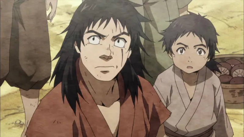 Jinzaburo Kuchii looks forward with a serious expression alongside a young village boy in Angolmois: Record of Mongol Invasion.