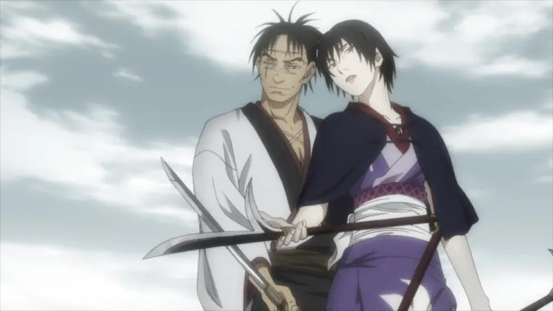 Manji and Makie Otono-Tachibana stand ready with their bladed weapons against an overcast sky in Blade of the Immortal.