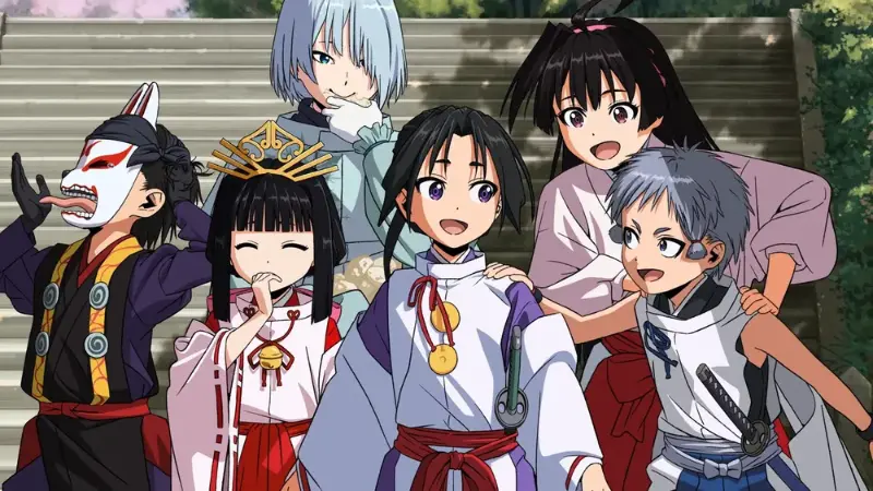 Tokiyuki Hojo smiles alongside his friends and retainers on a stone staircase in The Elusive Samurai.