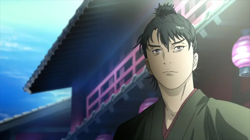 Heizo Hasegawa stands confidently in his green kimono with traditional Japanese architecture in the background in Onihei.