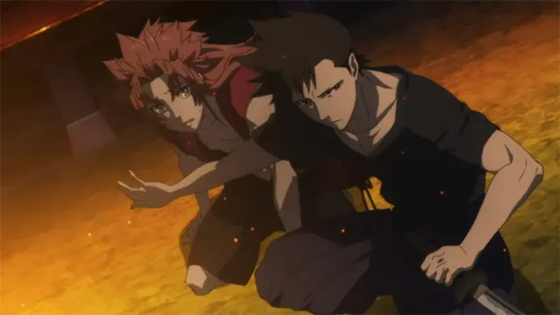 Two young swordsmen crouch low in a defensive combat stance surrounded by glowing embers in Peacemaker Kurogane.
