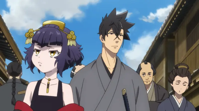 Raizo Kurima and Nio walk together down a bustling traditional Japanese street in the anime Revenger.