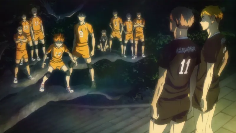 The Karasuno and Inarizaki volleyball teams face each other across the net before one of the best sports championships in anime.