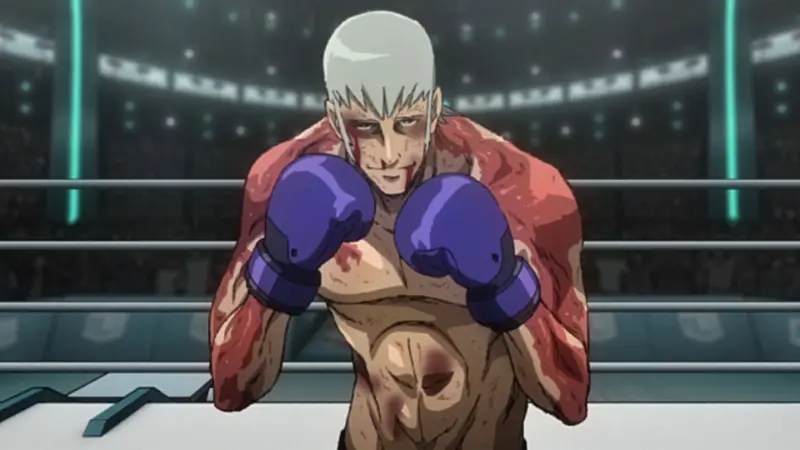 An exhausted but determined Yuri holds his blue boxing gloves up in a defensive stance under the bright arena lights of the ultimate fighting title.