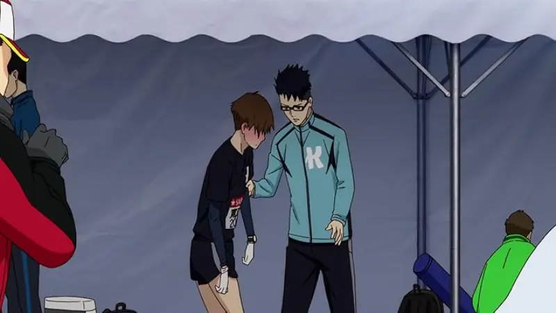 An exhausted Shindo leans heavily on Haiji for support inside a medical tent after pushing his physical limits in the competitive relay event.