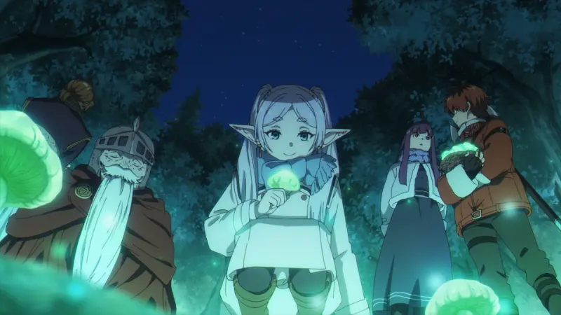In Frieren: Beyond Journey's End, Frieren and her party gather around glowing mushrooms during the First-Class Mage Exam.