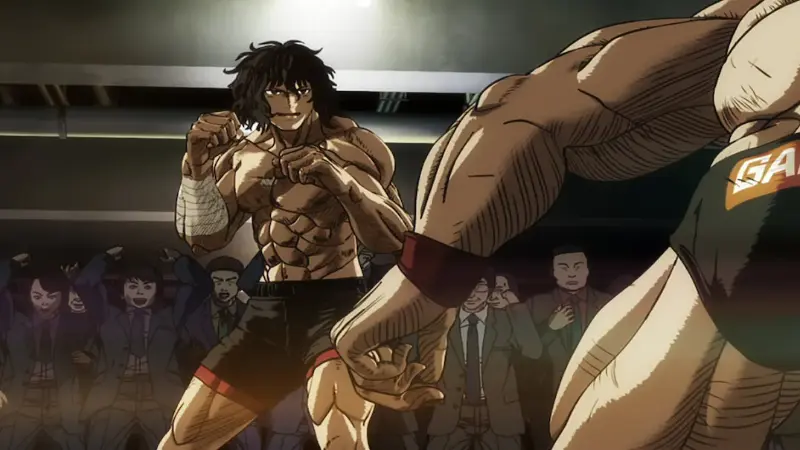 Kengan Ashura protagonist Ohma Tokita taking a defensive stance in the underground arena during the Kengan Annihilation Tournament.