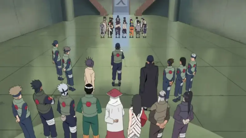 Naruto genin facing the proctors during the preliminary rounds of the Chunin Exams.