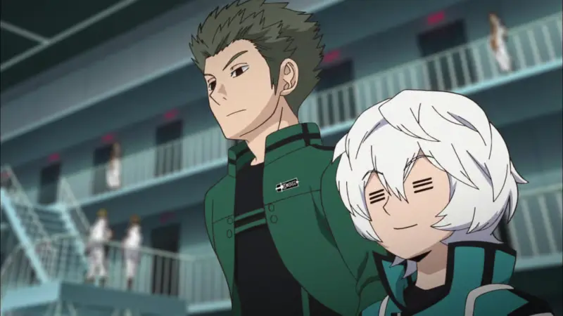 World Trigger characters Osamu Mikumo and Yuma Kuga walking confidently through a facility during the B-Rank Wars.