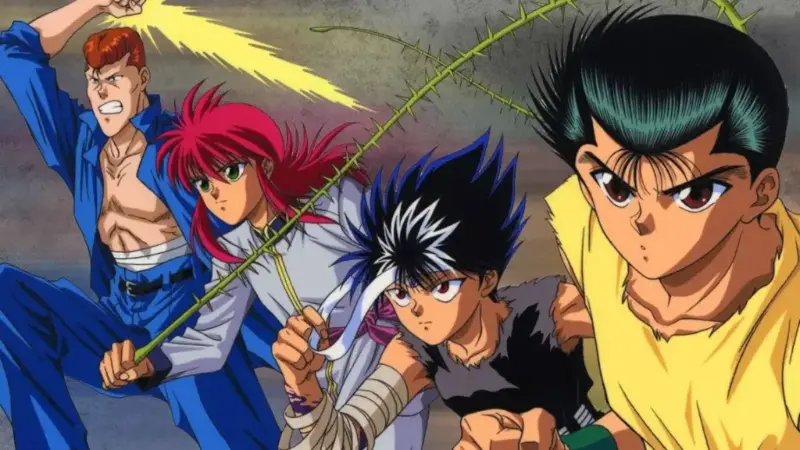 Yusuke Urameshi and his team standing ready for their Dark Tournament match, securing its spot among the best tournament arcs in anime.