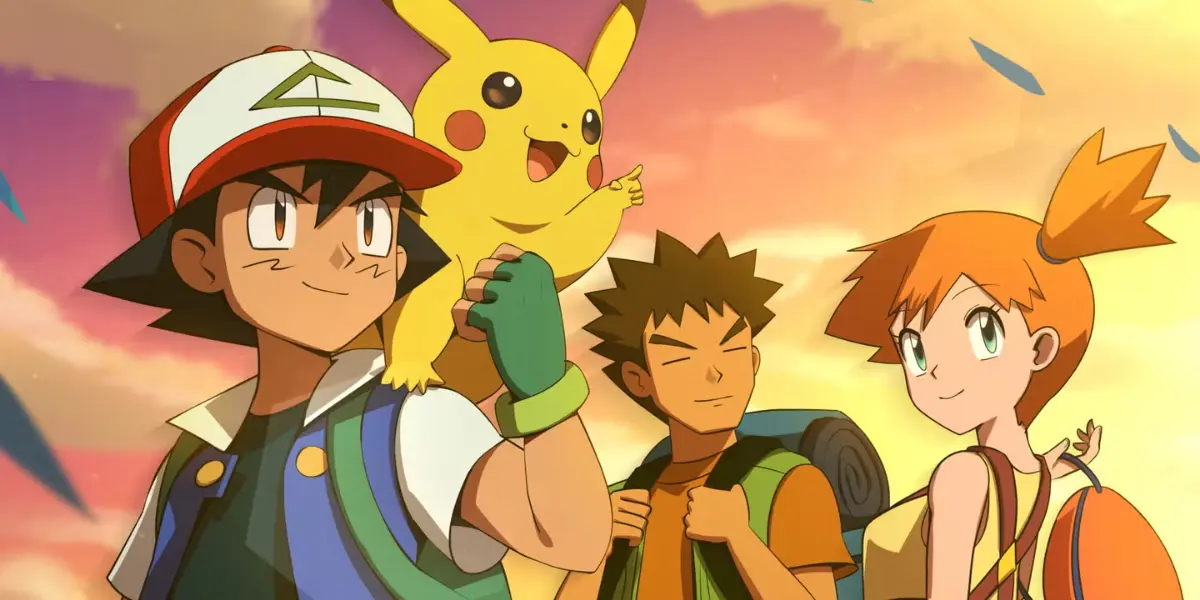 Ash Ketchum, Pikachu, Brock, and Misty stand together looking toward a sunset in the anime Pokémon.