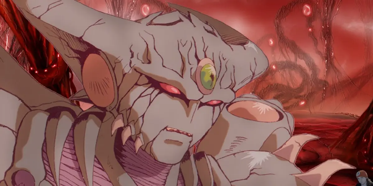 The bio-mechanical weapon Genocyber stands within a red, fleshy landscape in the OVA Genocyber.