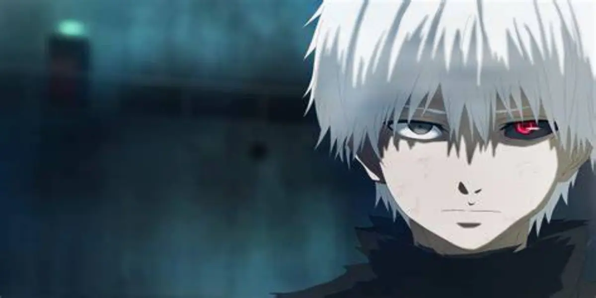 Ken Kaneki stares forward revealing his single red ghoul eye in the anime Tokyo Ghoul.