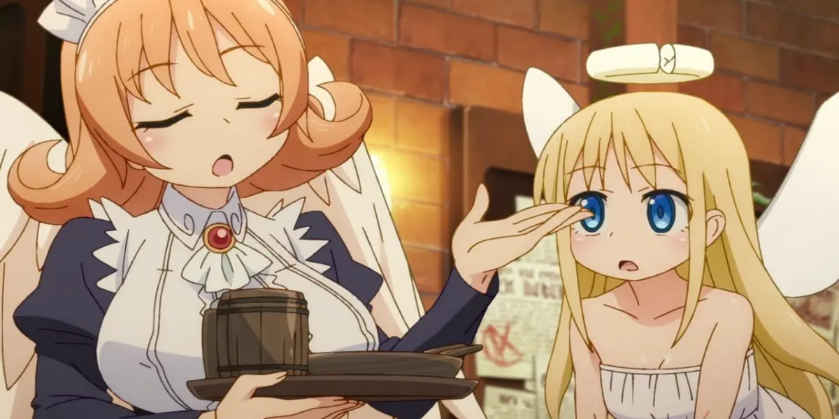 The harpy maid Meidri serves a drink next to the angel Crimvael inside a tavern in the anime Interspecies Reviewers.
