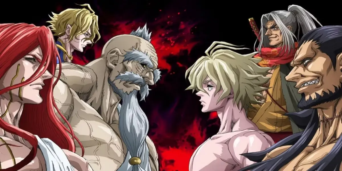 Thor, Zeus, Adam, Sasaki Kojiro, Poseidon, and Lu Bu face off in the tournament arena in the anime Record of Ragnarok.