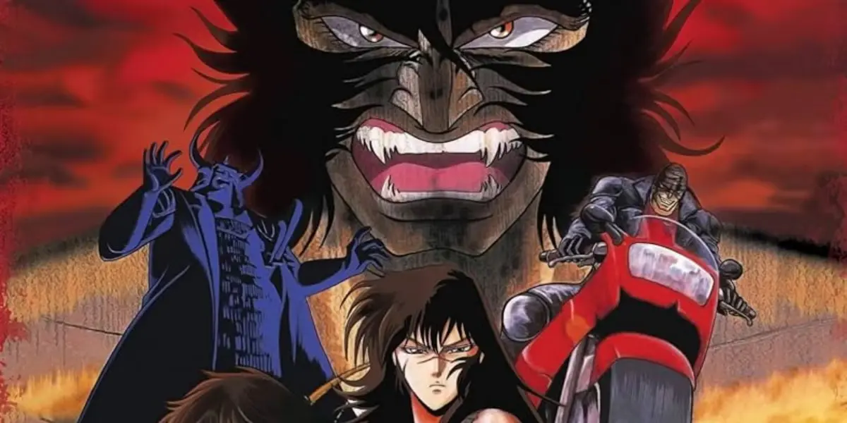 Violence Jack and the Slum King loom over a man on a motorcycle in the gritty OVA Violence Jack.