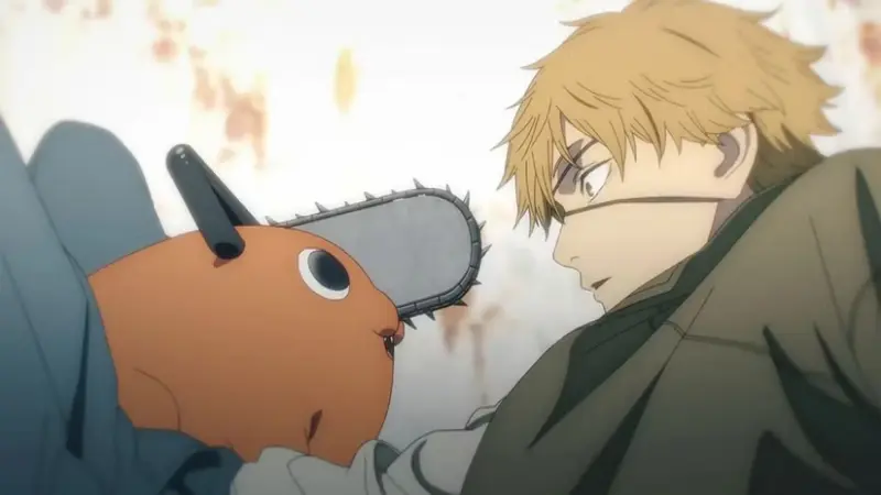A young, exhausted Denji lies on the ground looking eye-to-eye with his small chainsaw demon dog, Pochita, in the dark fantasy Chainsaw Man.
