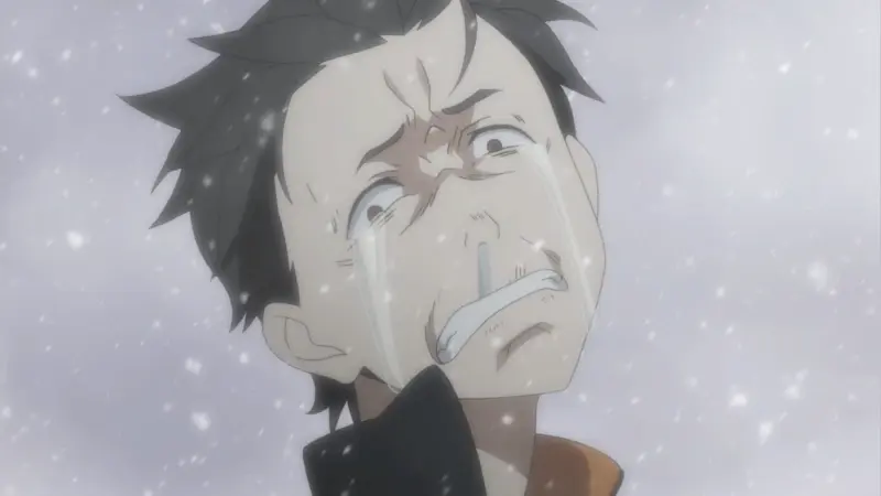 Subaru Natsuki cries in absolute despair while standing outside in a heavy, blinding snowstorm in the psychological thriller Re:Zero.