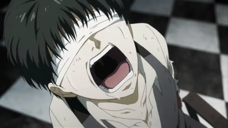 A blindfolded Ken Kaneki screams in pure agony against a black-and-white checkered floor in the dark fantasy horror Tokyo Ghoul.