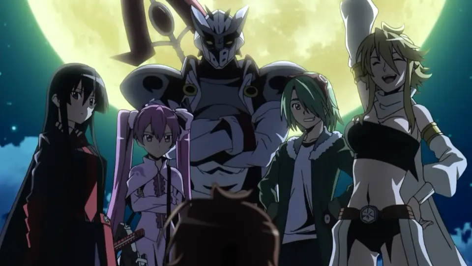 Akame and the Night Raid members standing under a full moon in Akame ga Kill