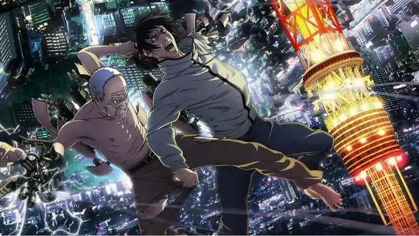 Ichiro Inuyashiki and Hiro Shishigami clashing mid-air over the city in Inuyashiki