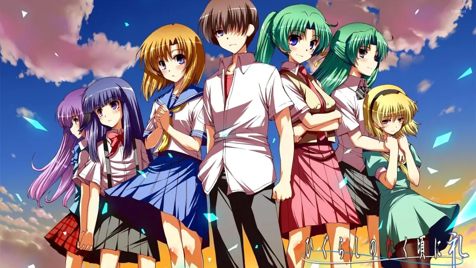 Keiichi Maebara and the main cast standing together in Higurashi When They Cry
