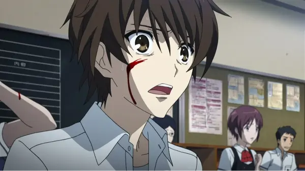 Kouichi Sakakibara standing in the classroom with a bloody face in Another
