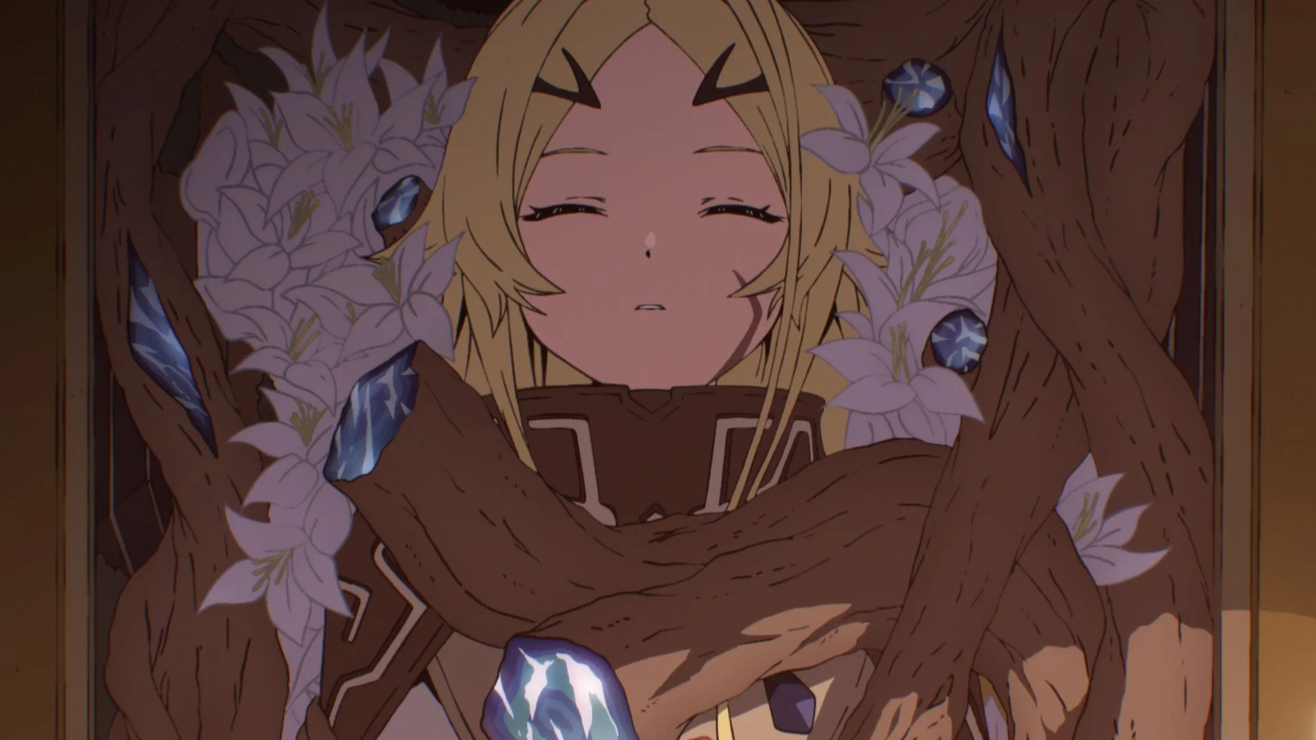 Teoritta resting encased in tree roots in Sentenced to Be a Hero