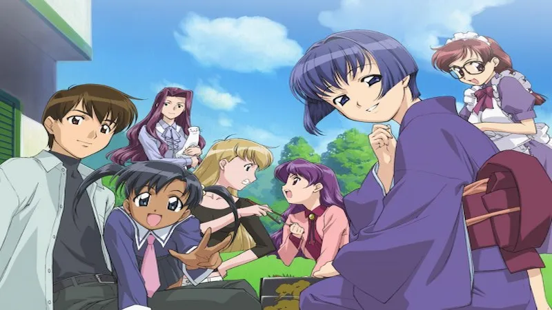 Aoi looking over her shoulder in a purple kimono while Kaoru and the rest of the cast gather outside for a picnic in Ai Yori Aoshi.