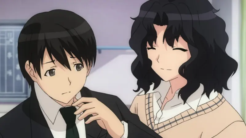 Kaoru smiling warmly behind Junichi while he adjusts his black tie in the romance anime Amagami SS, featuring the childhood friend arc.